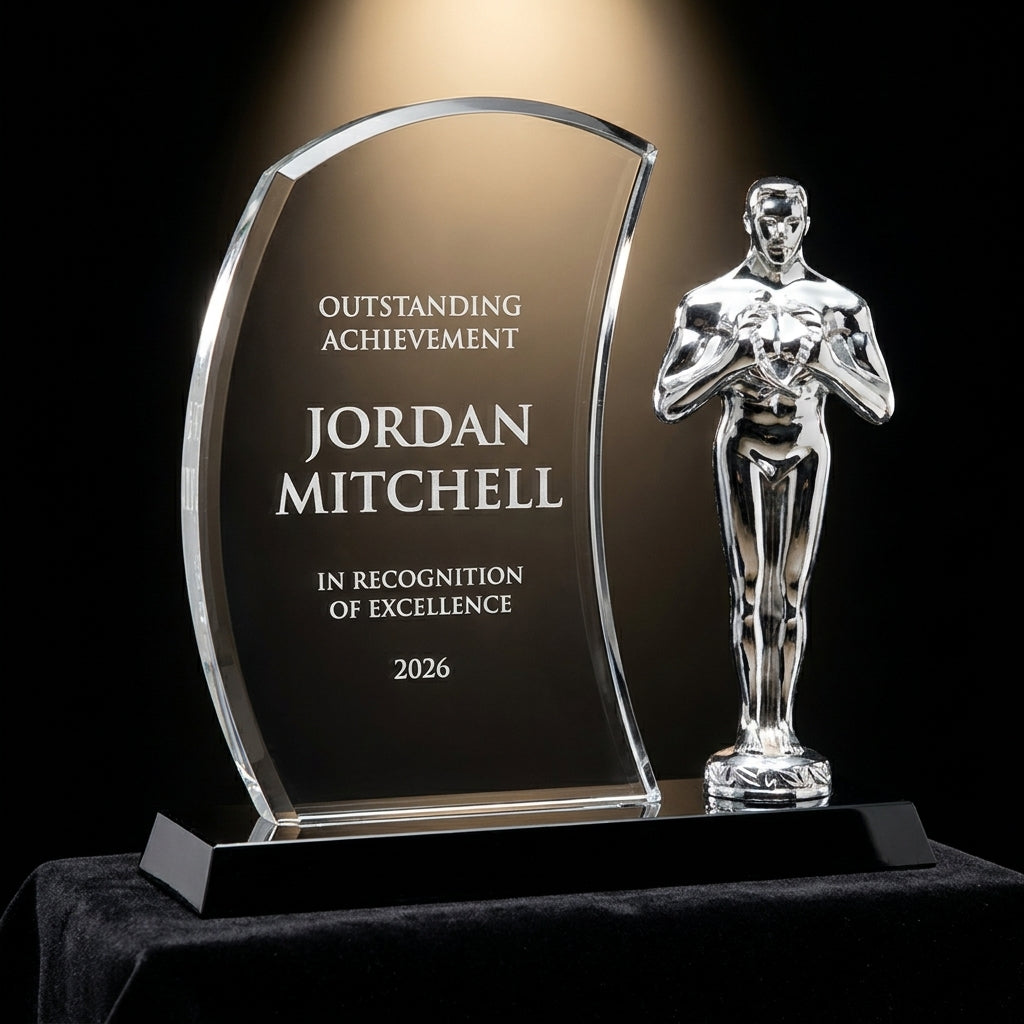 Personalized Apollo acrylic award on black velvet under awards-ceremony spotlight, engraved champion and lifetime achievement award