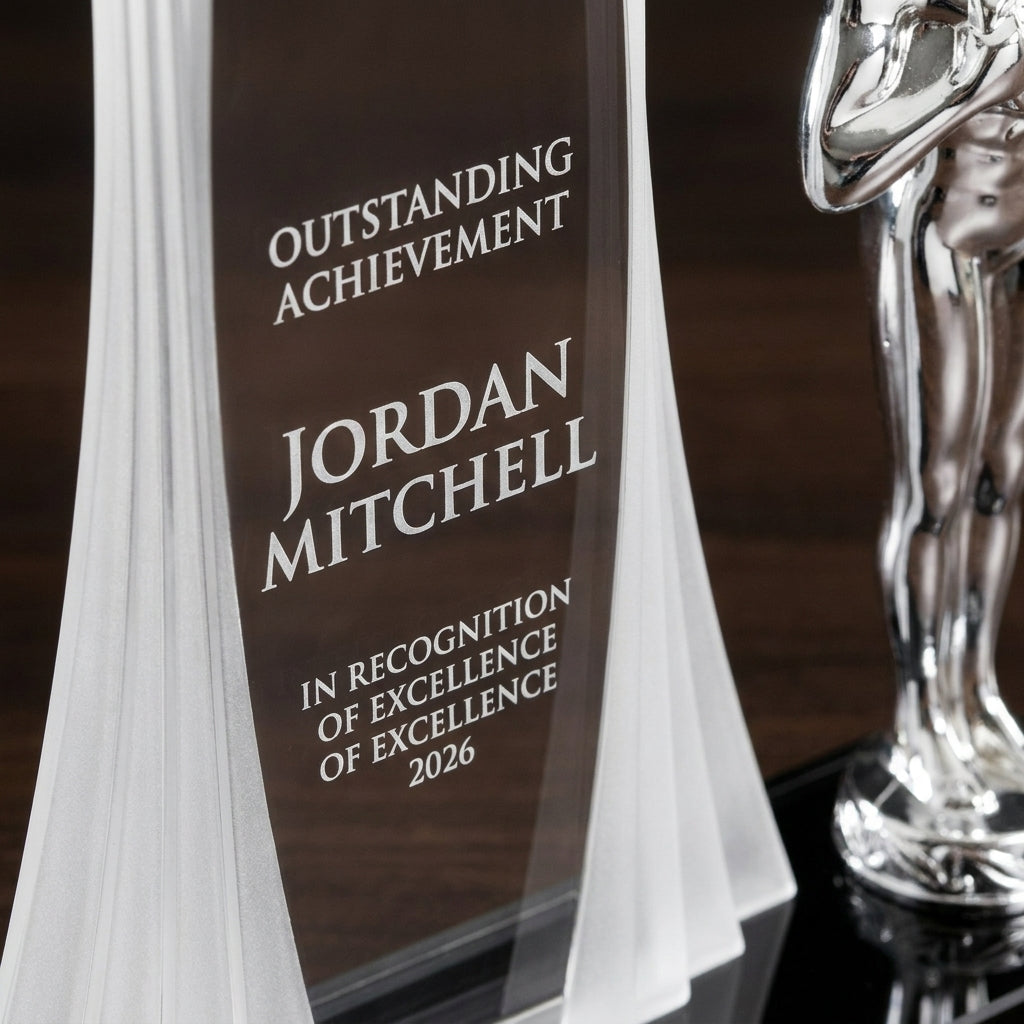 Close-up of the custom laser engraving on a personalized Apollo acrylic award, showing crisp permanent personalization