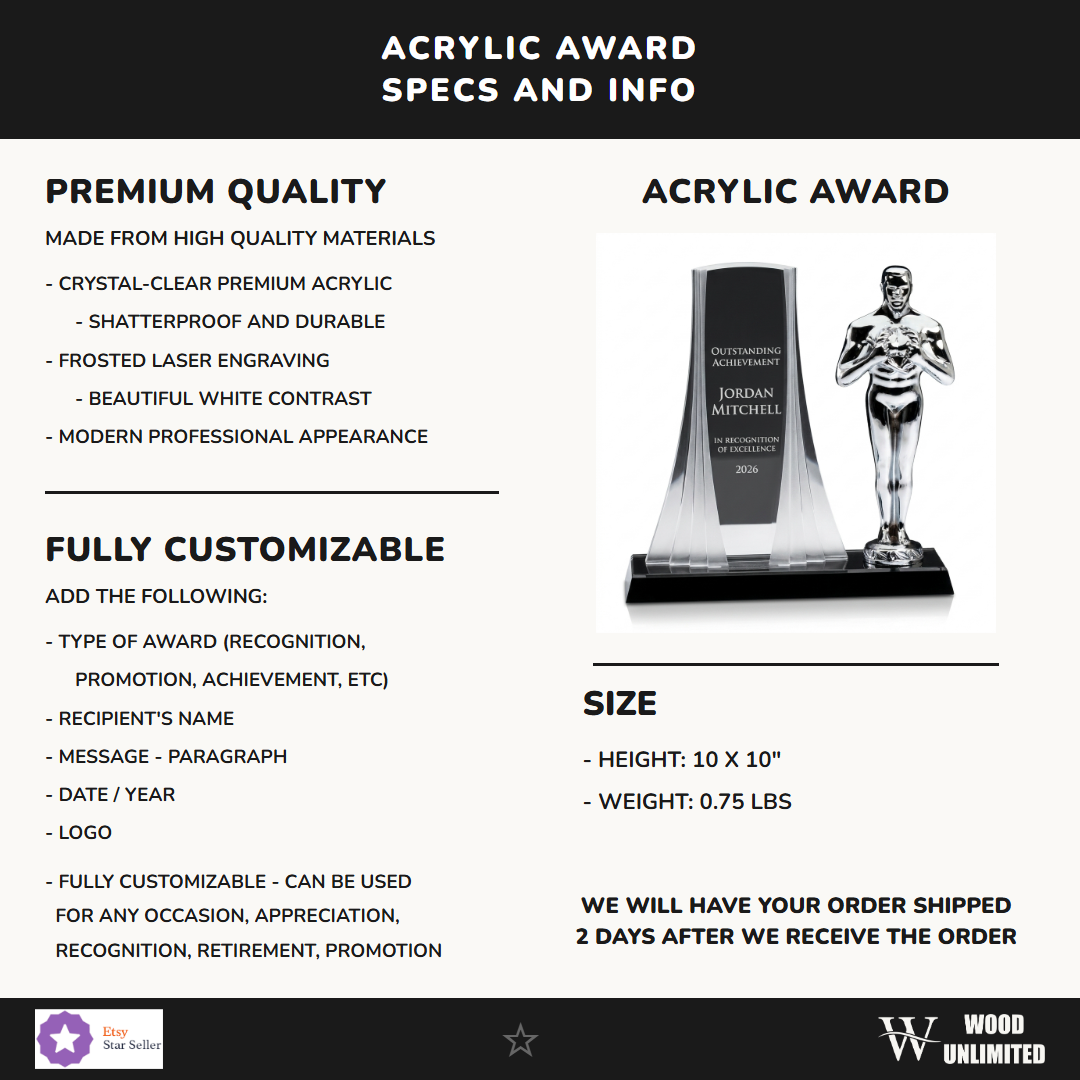 Specifications for the personalized Apollo acrylic award — materials, engraving, and features