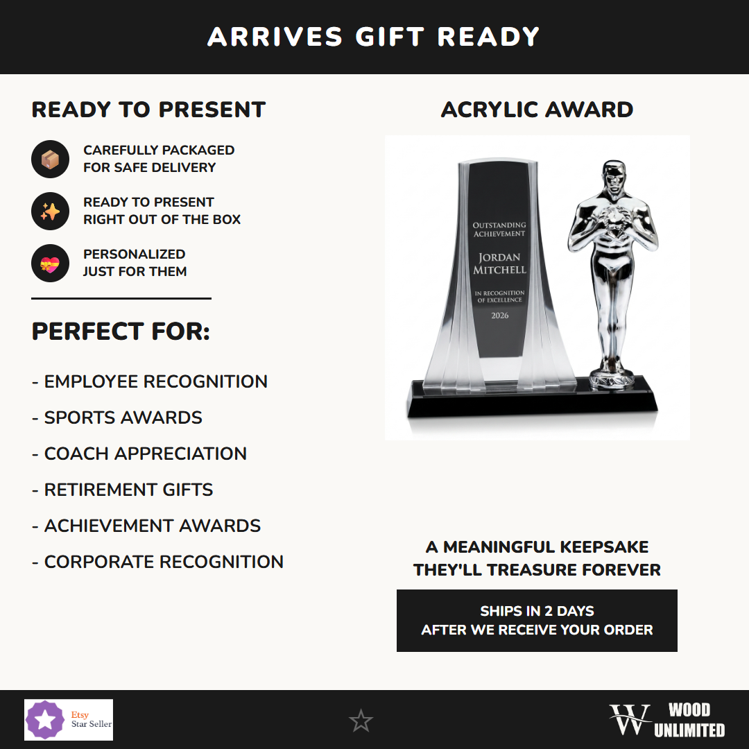 Gift-ready personalized Apollo acrylic award, perfect for ceremonies, retirements, and corporate recognition