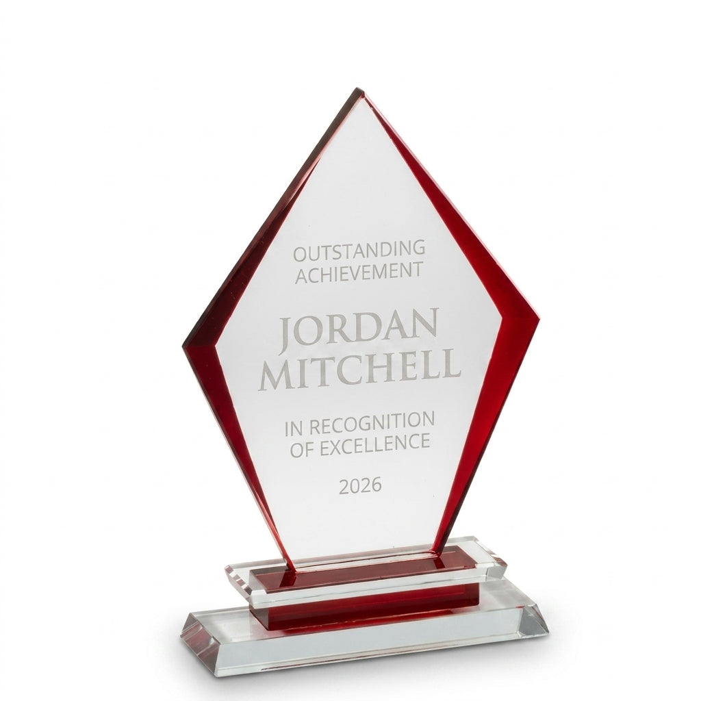 Personalized Arrow Clear Base crystal award, custom laser engraved recognition award on a clean white studio background