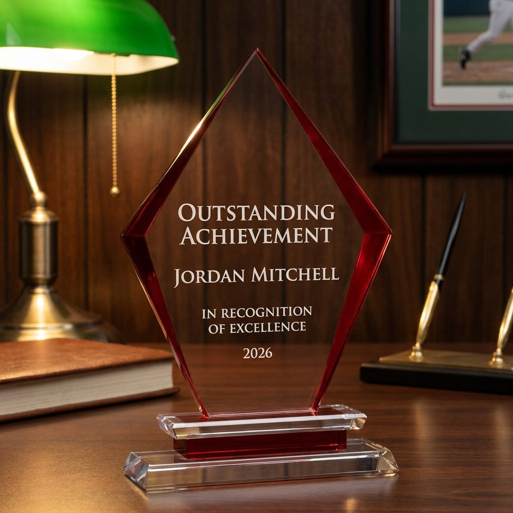 Personalized Arrow Clear Base crystal award on a warm executive desk with a green banker's lamp, engraved corporate recognition and retirement gift