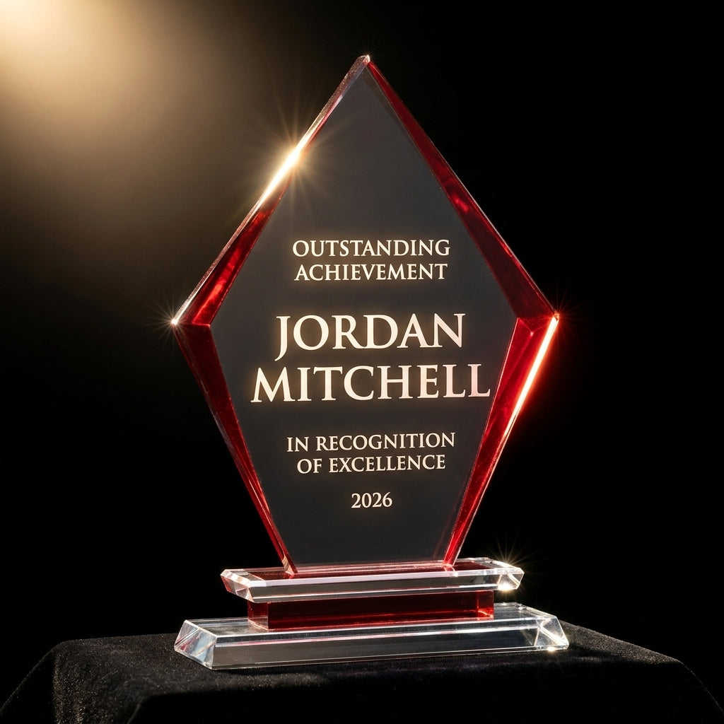 Personalized Arrow Clear Base crystal award on black velvet under awards-ceremony spotlight, engraved champion and lifetime achievement award