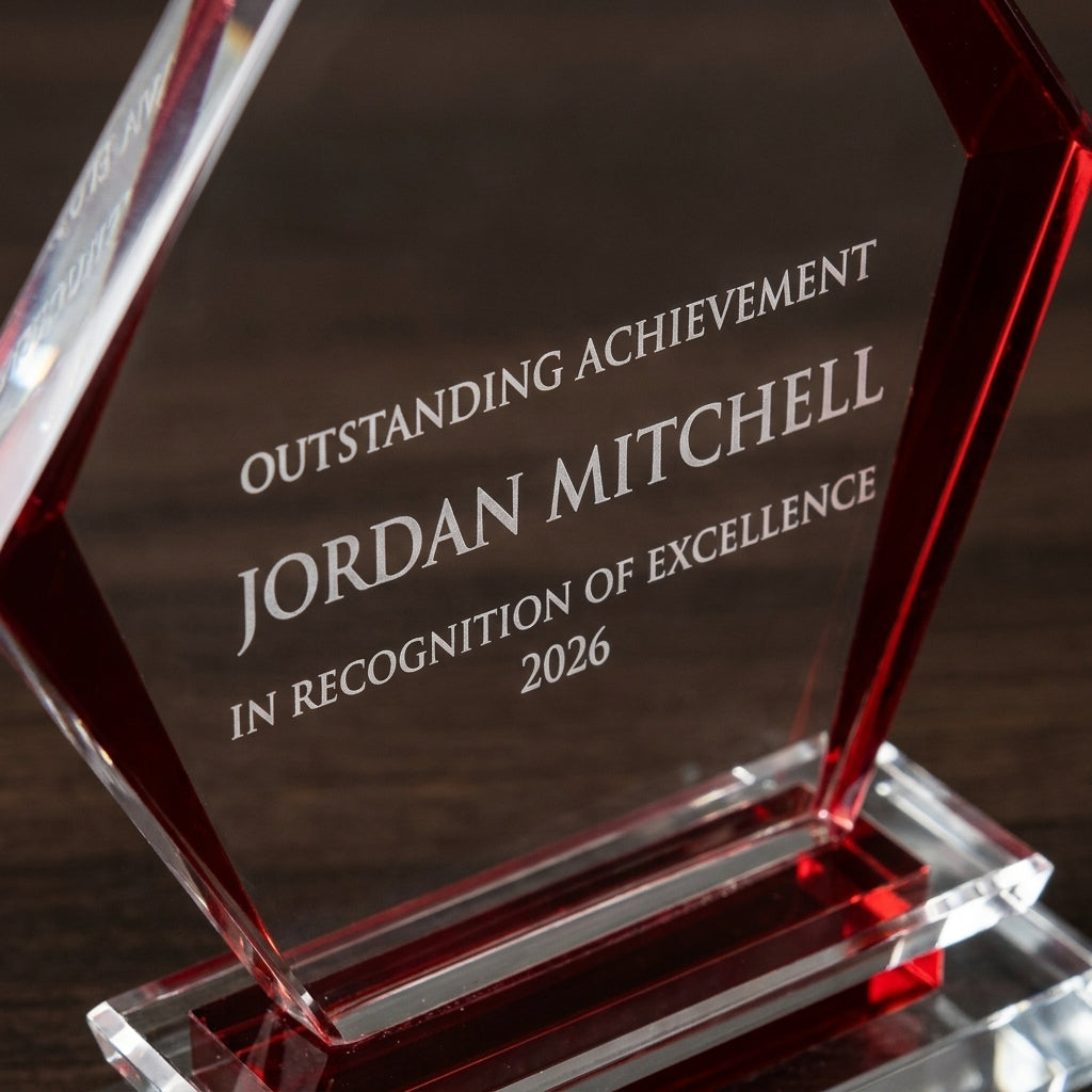 Close-up of the custom laser engraving on a personalized Arrow Clear Base crystal award, showing crisp permanent personalization