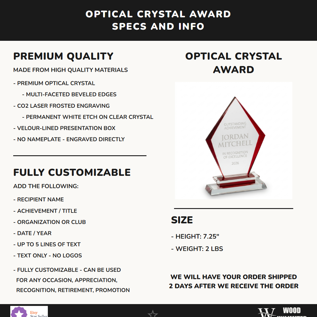 Specifications for the personalized Arrow Clear Base crystal award — materials, engraving, and features