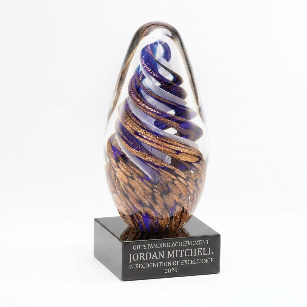 Personalized Art Glass art glass award, custom laser engraved recognition award on a clean white studio background