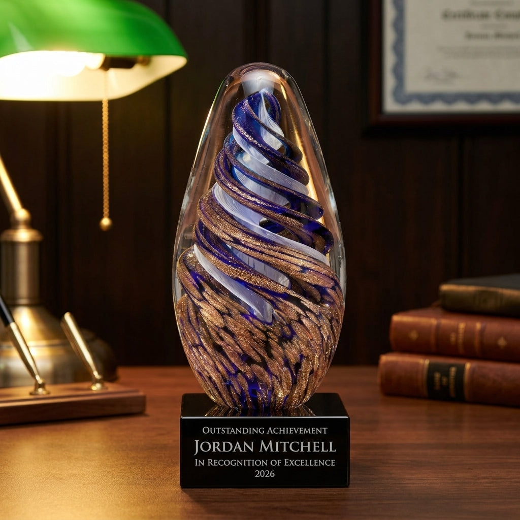 Personalized Art Glass art glass award on a warm executive desk with a green banker's lamp, engraved corporate recognition and retirement gift