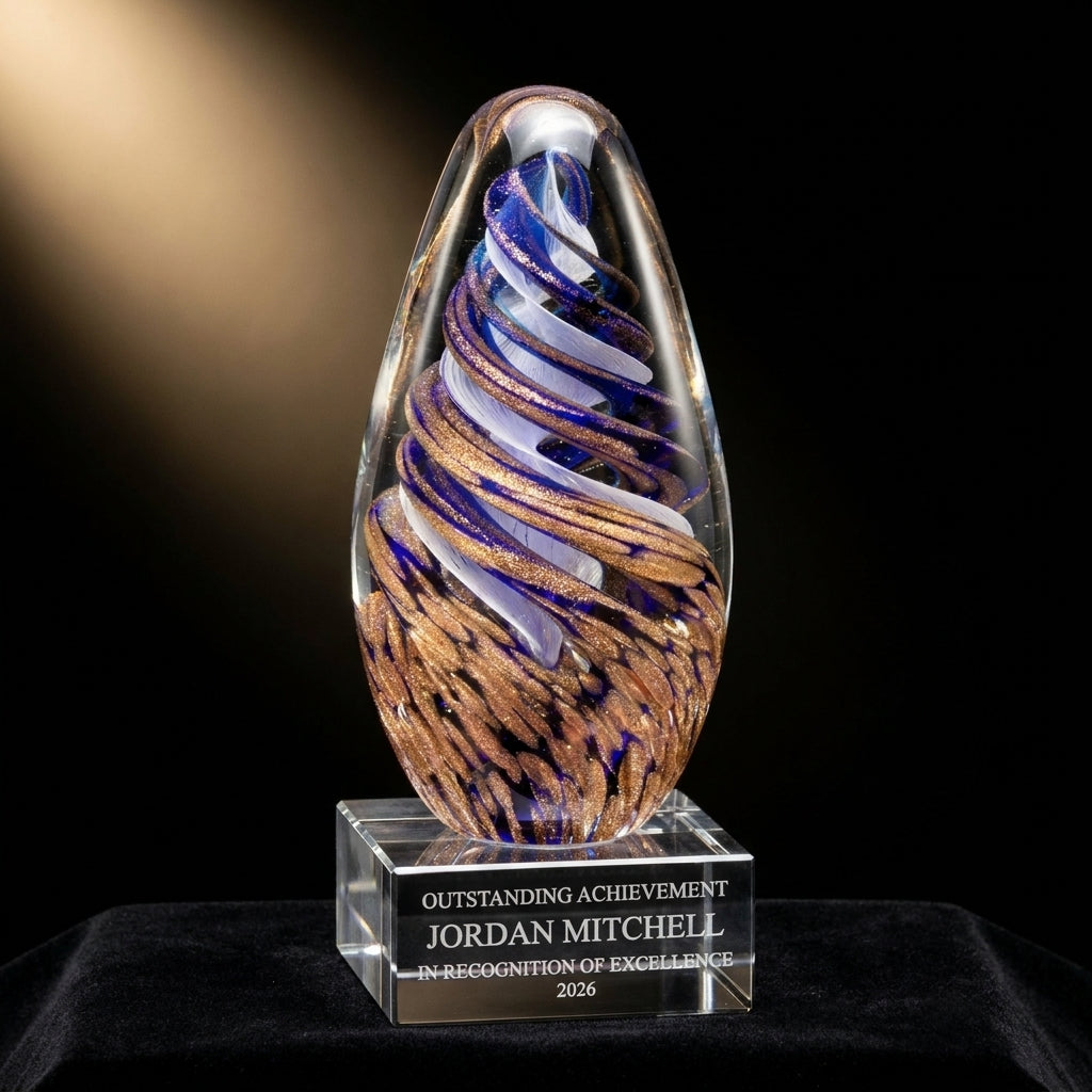 Personalized Art Glass art glass award on black velvet under awards-ceremony spotlight, engraved champion and lifetime achievement award