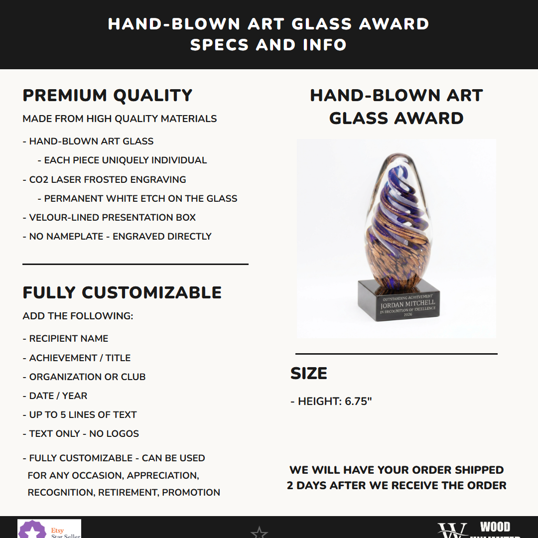 Specifications for the personalized Art Glass art glass award — materials, engraving, and features