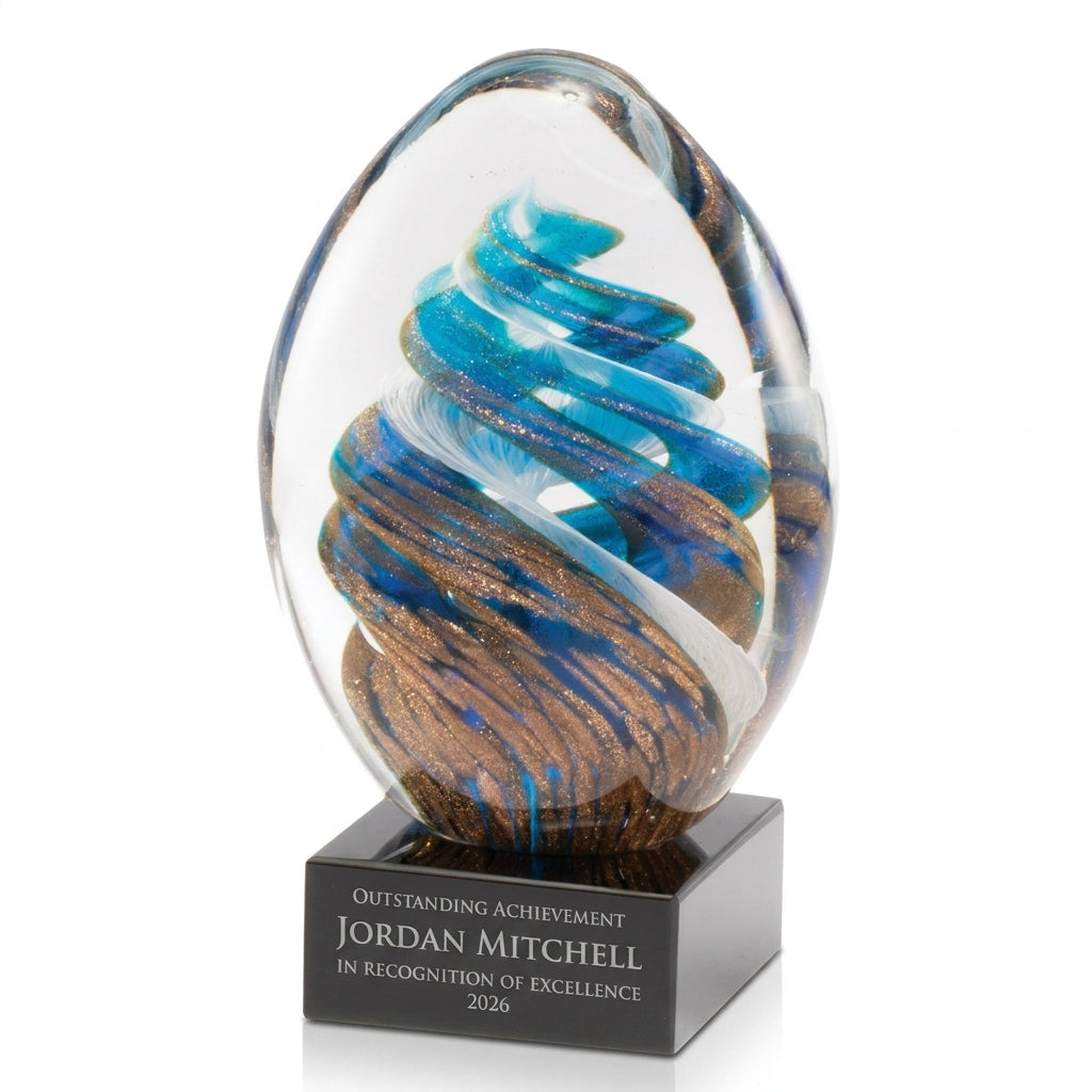 Personalized Art Glass art glass award, custom laser engraved recognition award on a clean white studio background