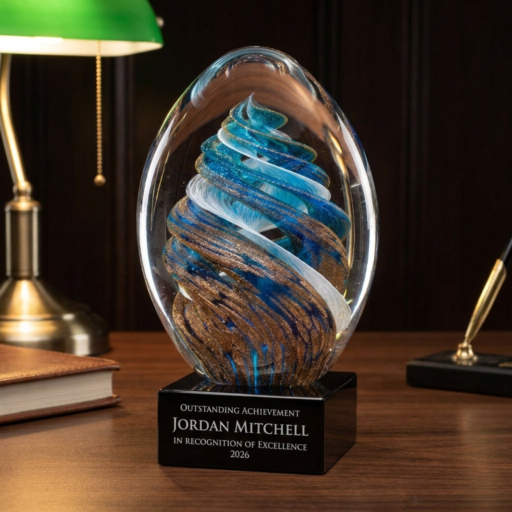 Personalized Art Glass art glass award on a warm executive desk with a green banker's lamp, engraved corporate recognition and retirement gift