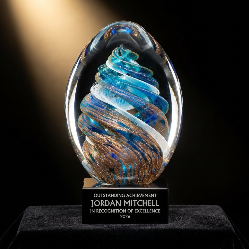 Personalized Art Glass art glass award on black velvet under awards-ceremony spotlight, engraved champion and lifetime achievement award