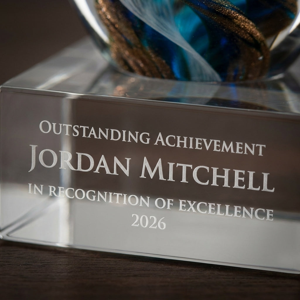 Close-up of the custom laser engraving on a personalized Art Glass art glass award, showing crisp permanent personalization