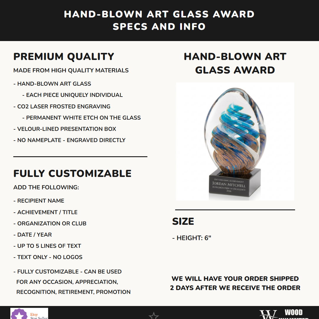 Specifications for the personalized Art Glass art glass award — materials, engraving, and features