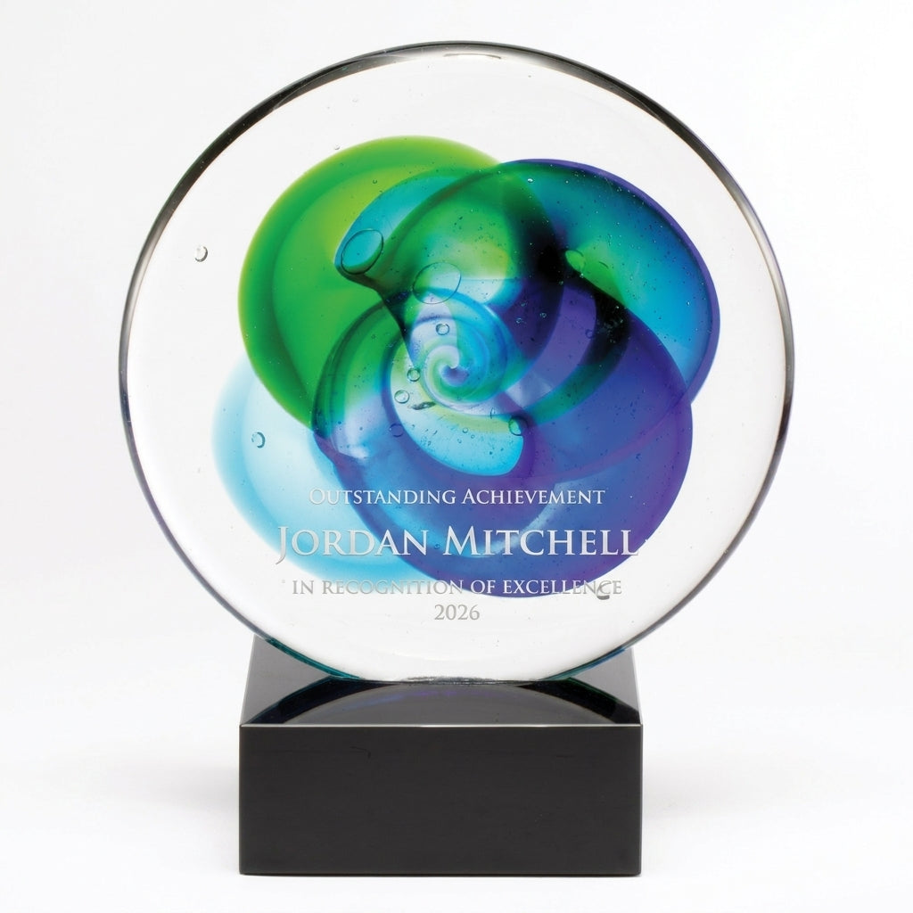 Personalized Green Blue Swirl Disc art glass award, custom laser engraved recognition award on a clean white studio background