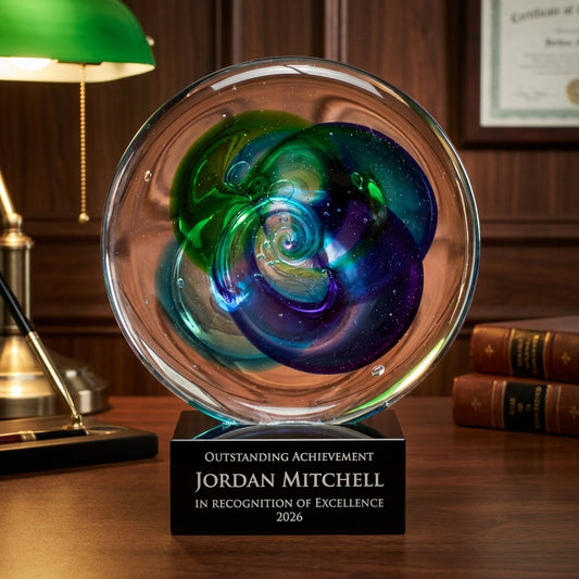 Personalized Green Blue Swirl Disc art glass award on a warm executive desk with a green banker's lamp, engraved corporate recognition and retirement gift