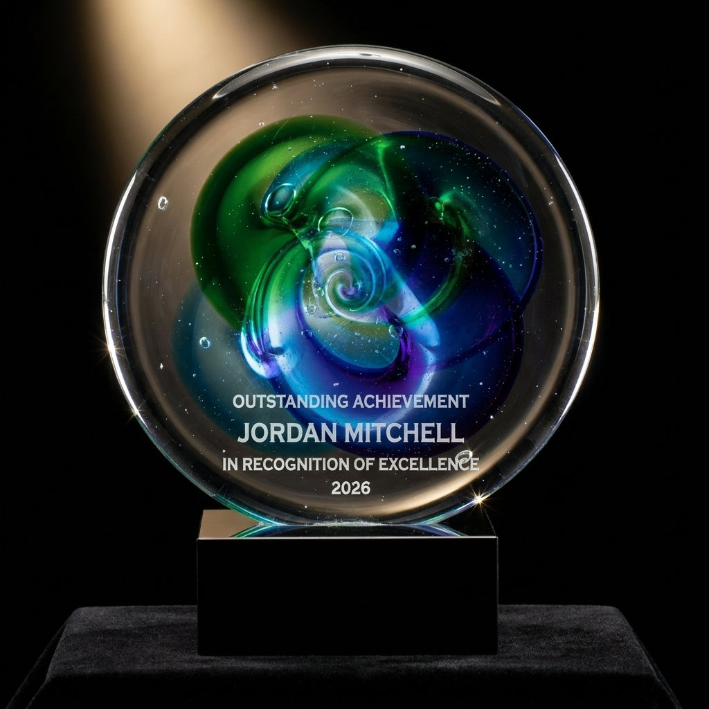 Personalized Green Blue Swirl Disc art glass award on black velvet under awards-ceremony spotlight, engraved champion and lifetime achievement award
