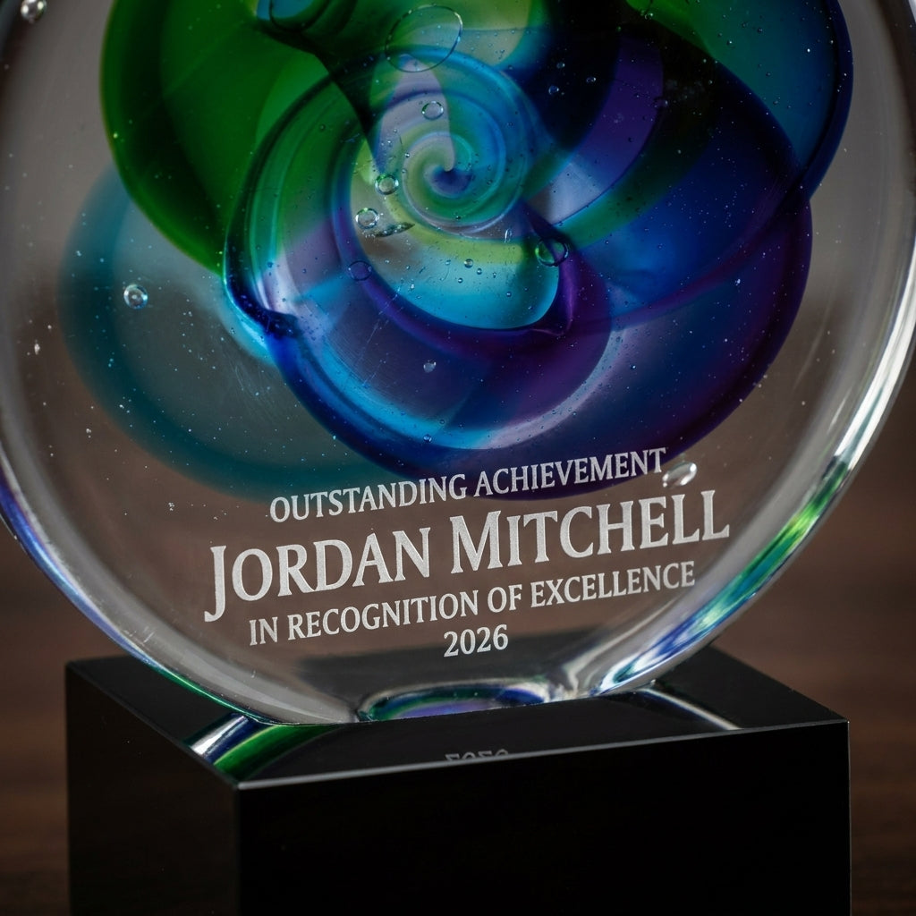 Close-up of the custom laser engraving on a personalized Green Blue Swirl Disc art glass award, showing crisp permanent personalization