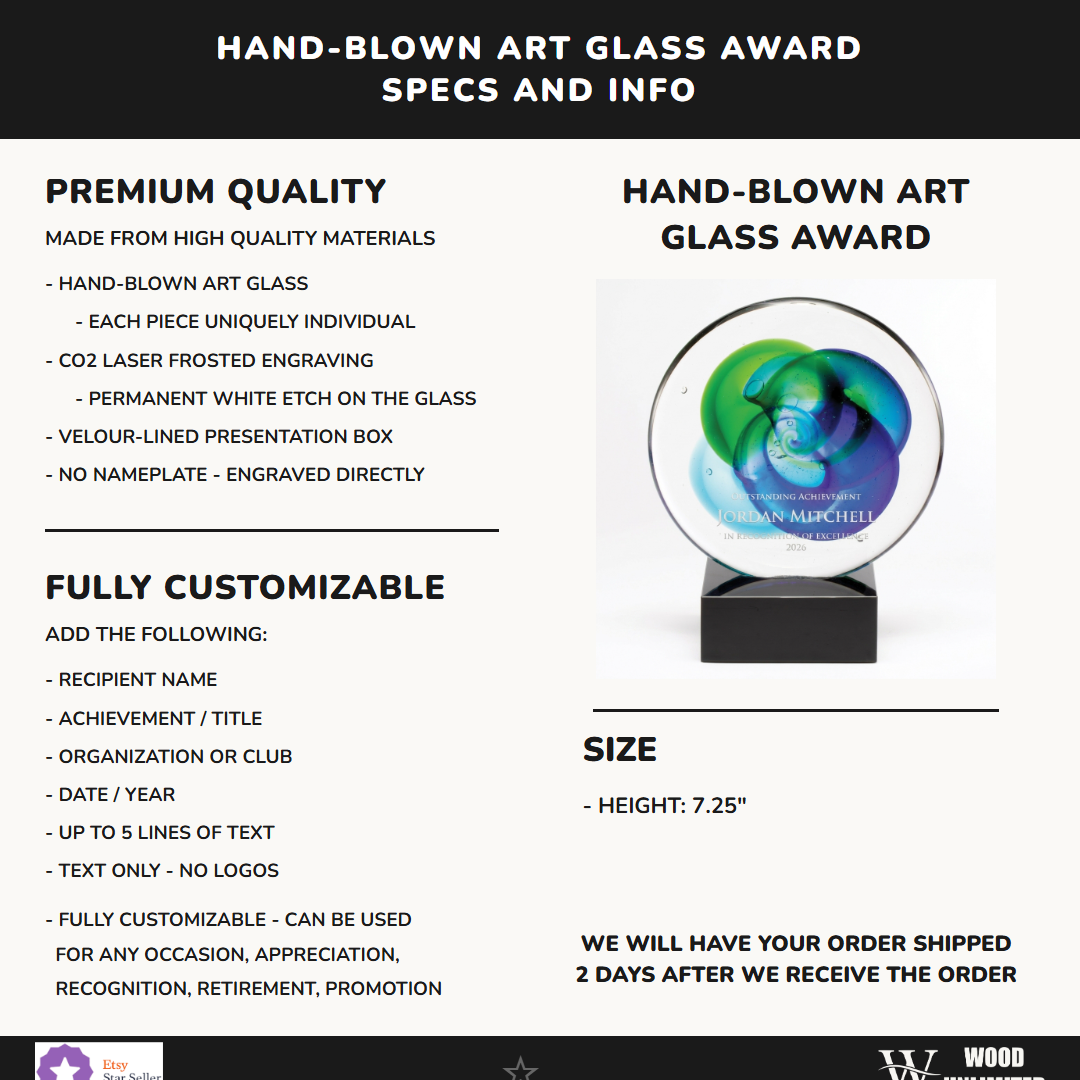 Specifications for the personalized Green Blue Swirl Disc art glass award — materials, engraving, and features