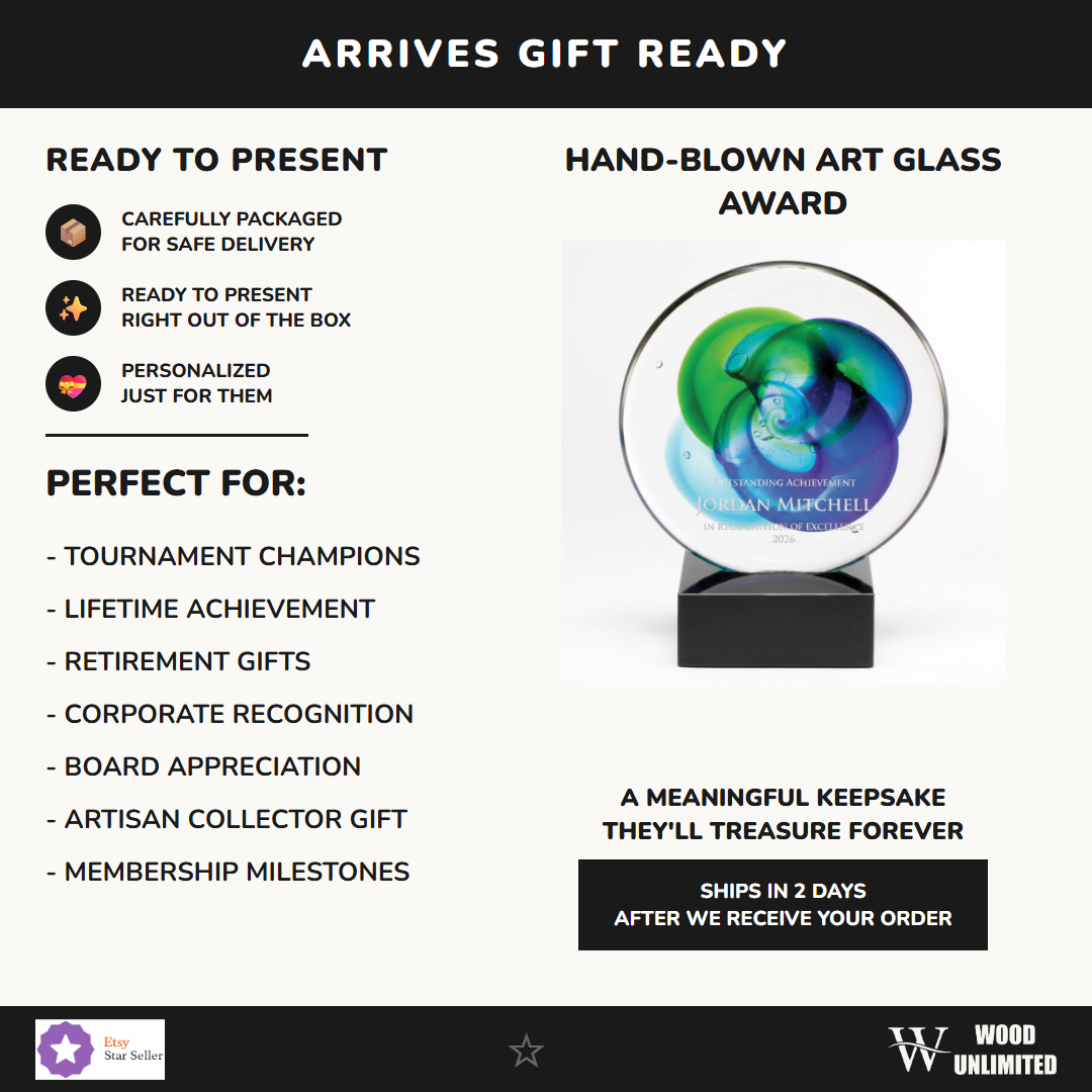 Gift-ready personalized Green Blue Swirl Disc art glass award, perfect for ceremonies, retirements, and corporate recognition