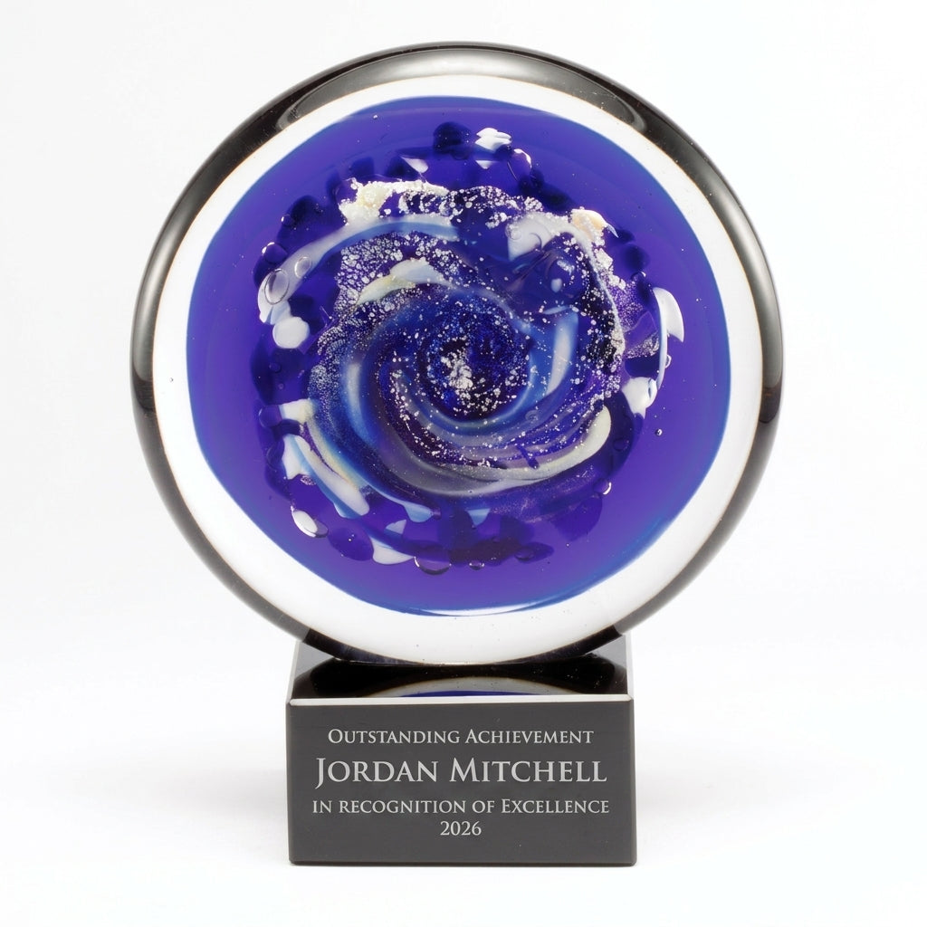 Personalized Cobalt Galaxy Disc art glass award, custom laser engraved recognition award on a clean white studio background