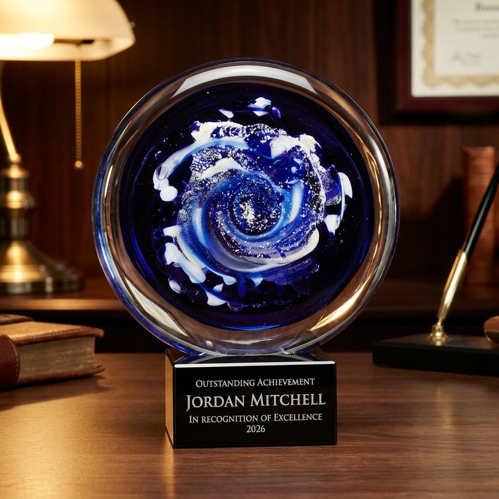 Personalized Cobalt Galaxy Disc art glass award on a warm executive desk with a green banker's lamp, engraved corporate recognition and retirement gift