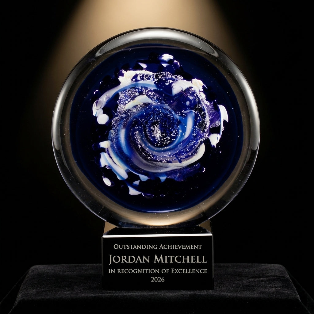 Personalized Cobalt Galaxy Disc art glass award on black velvet under awards-ceremony spotlight, engraved champion and lifetime achievement award