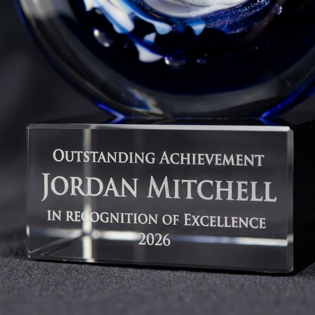 Close-up of the custom laser engraving on a personalized Cobalt Galaxy Disc art glass award, showing crisp permanent personalization