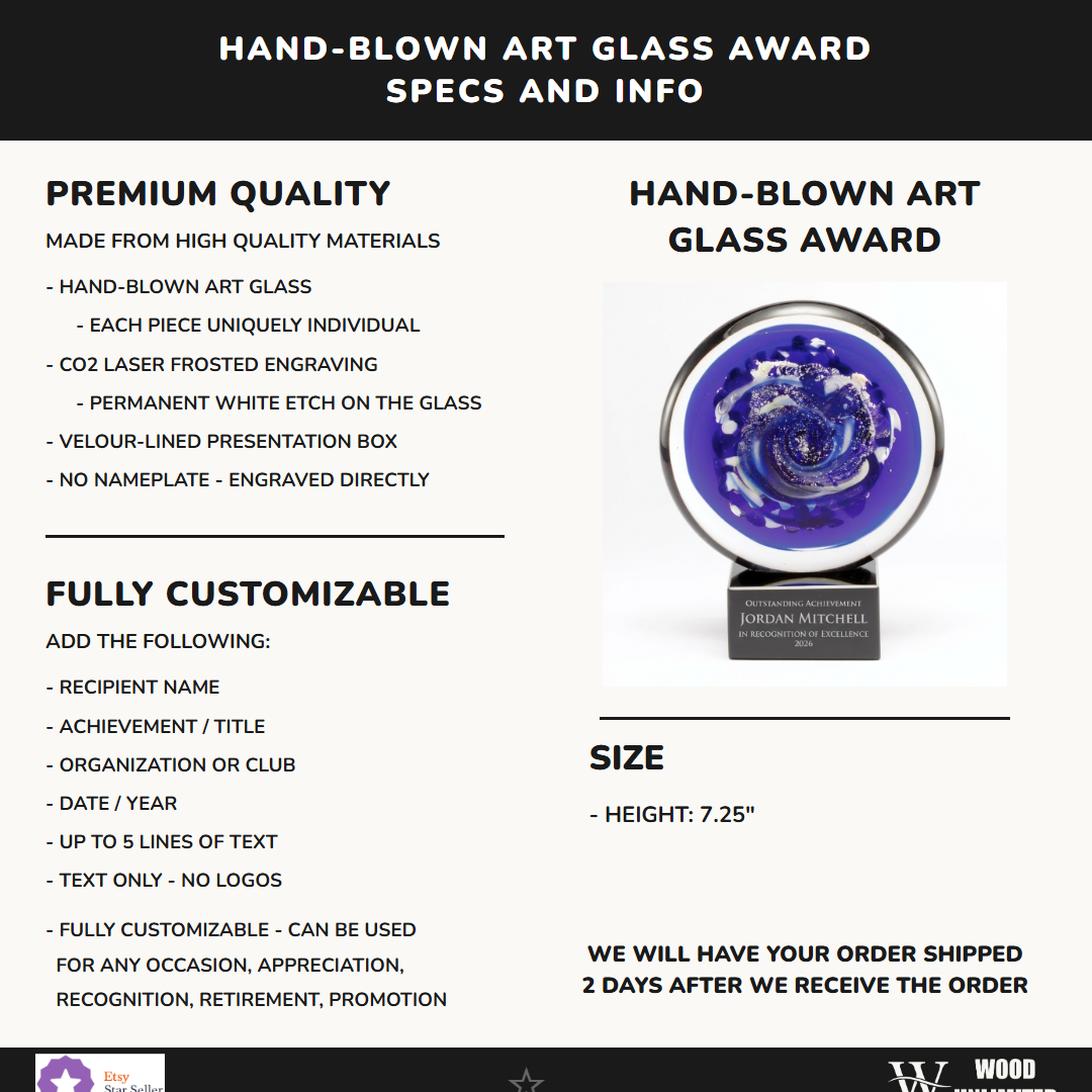 Specifications for the personalized Cobalt Galaxy Disc art glass award — materials, engraving, and features