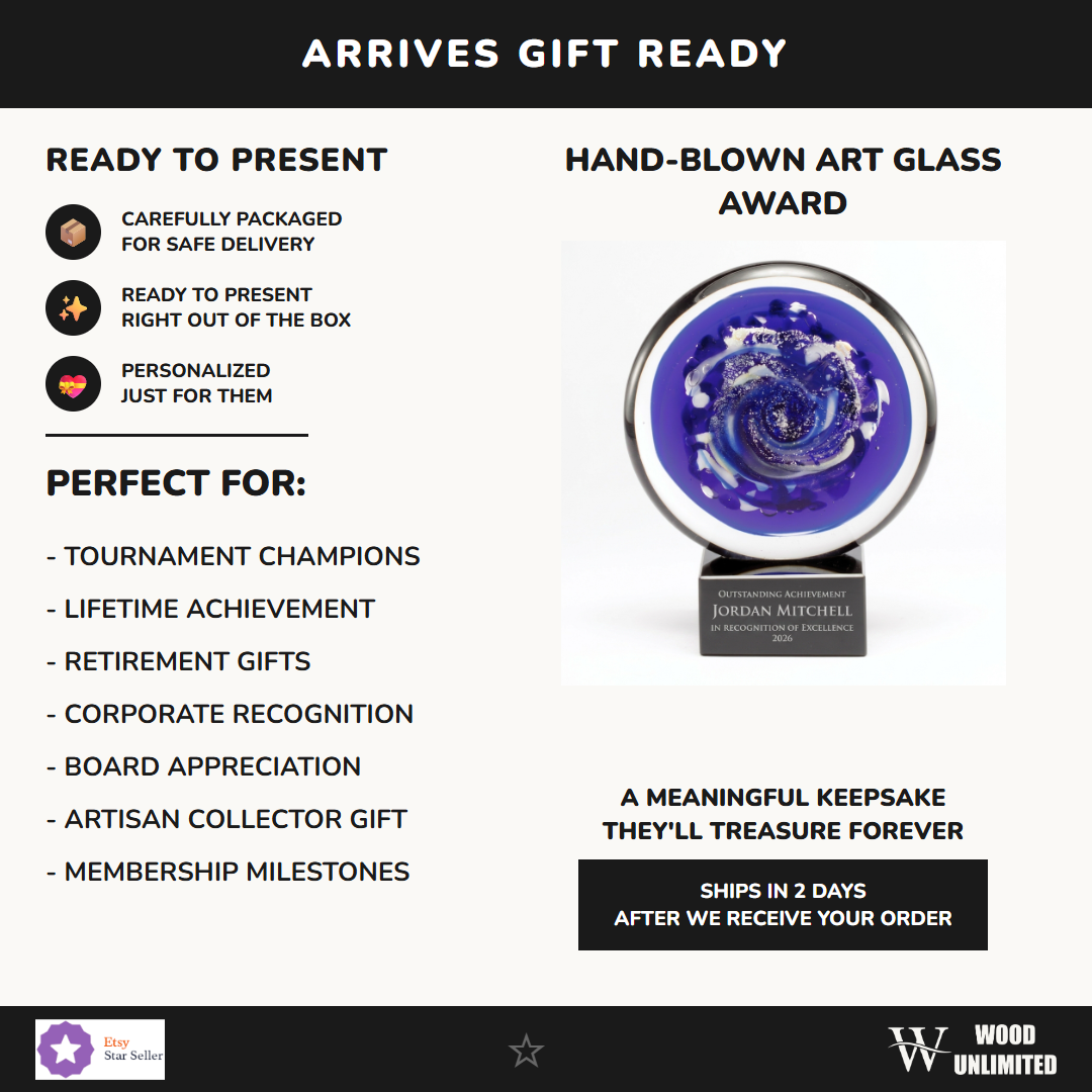 Gift-ready personalized Cobalt Galaxy Disc art glass award, perfect for ceremonies, retirements, and corporate recognition