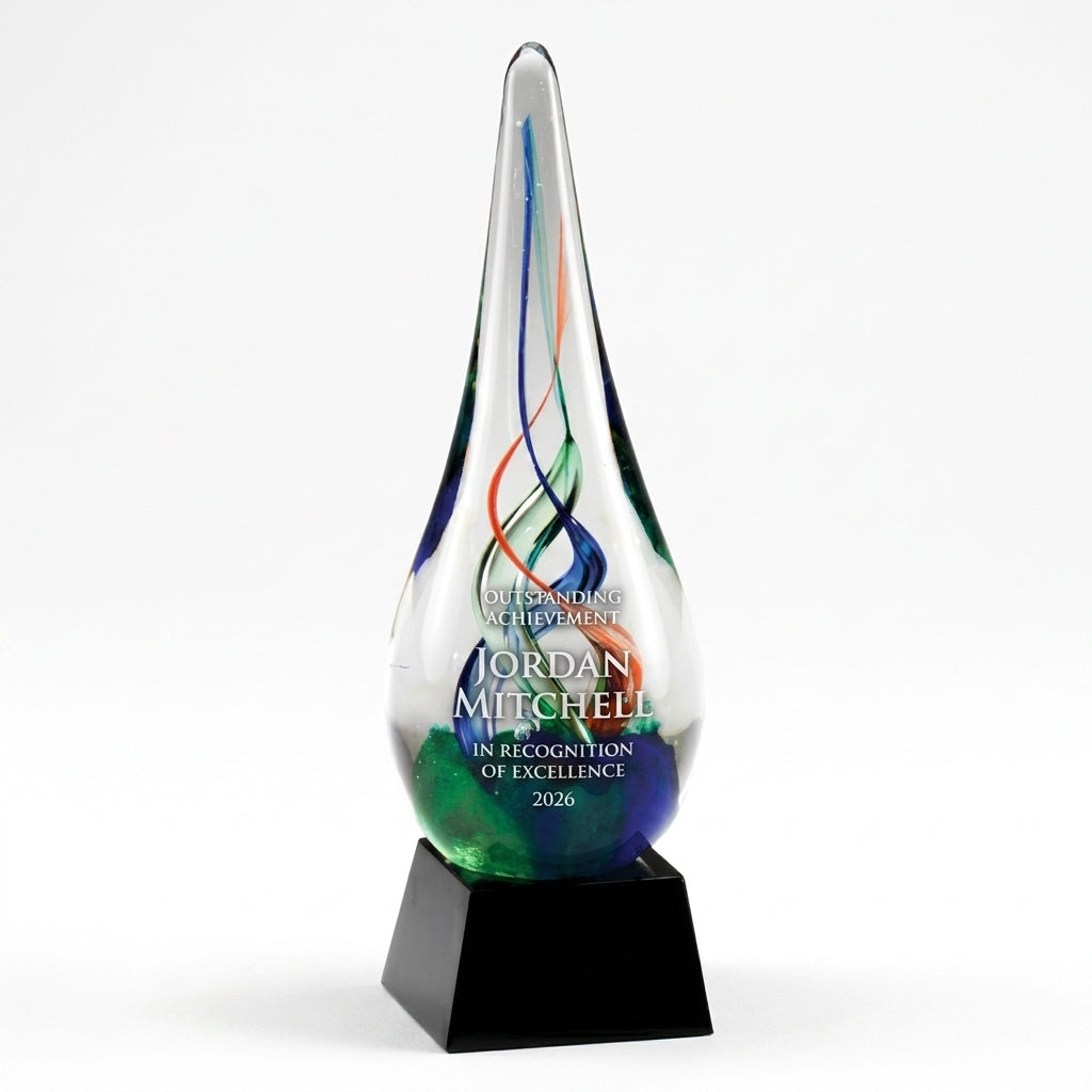 Personalized Art Glass art glass award, custom laser engraved recognition award on a clean white studio background