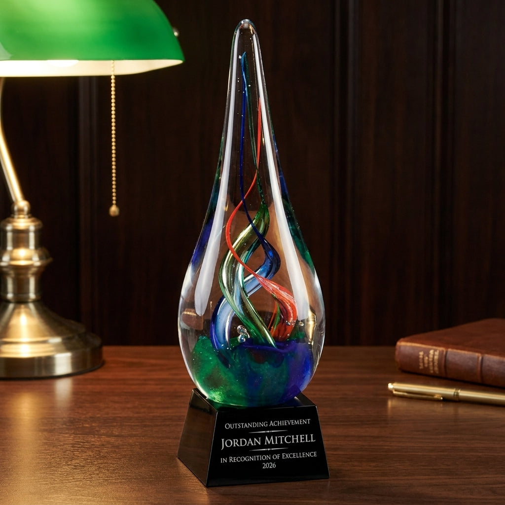 Personalized Art Glass art glass award on a warm executive desk with a green banker's lamp, engraved corporate recognition and retirement gift