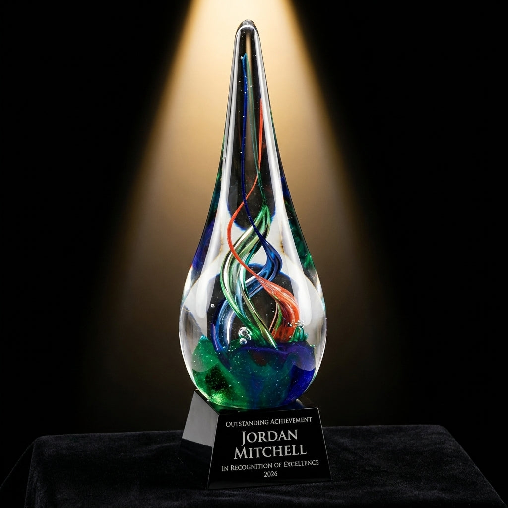 Personalized Art Glass art glass award on black velvet under awards-ceremony spotlight, engraved champion and lifetime achievement award