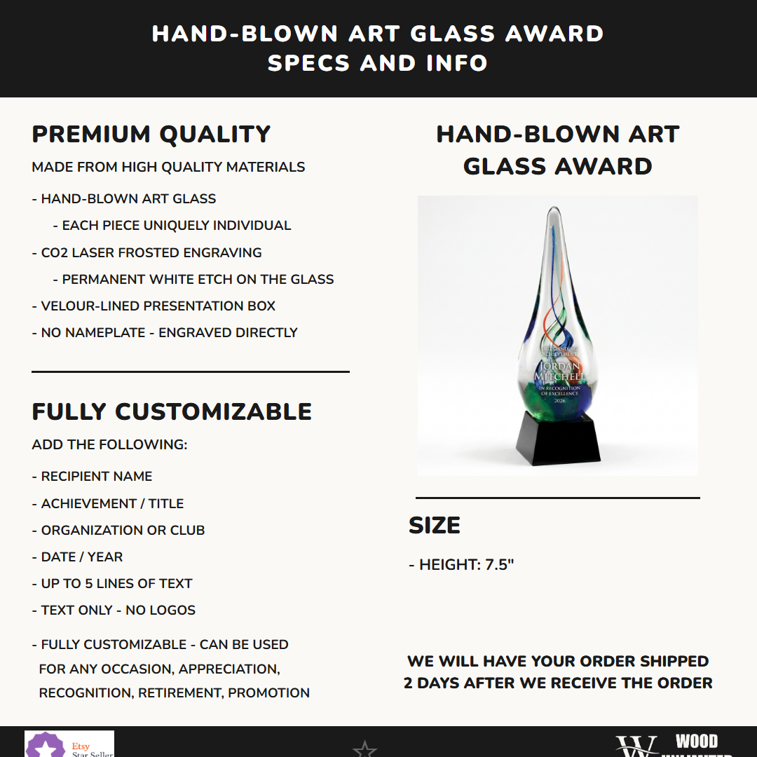 Specifications for the personalized Art Glass art glass award — materials, engraving, and features