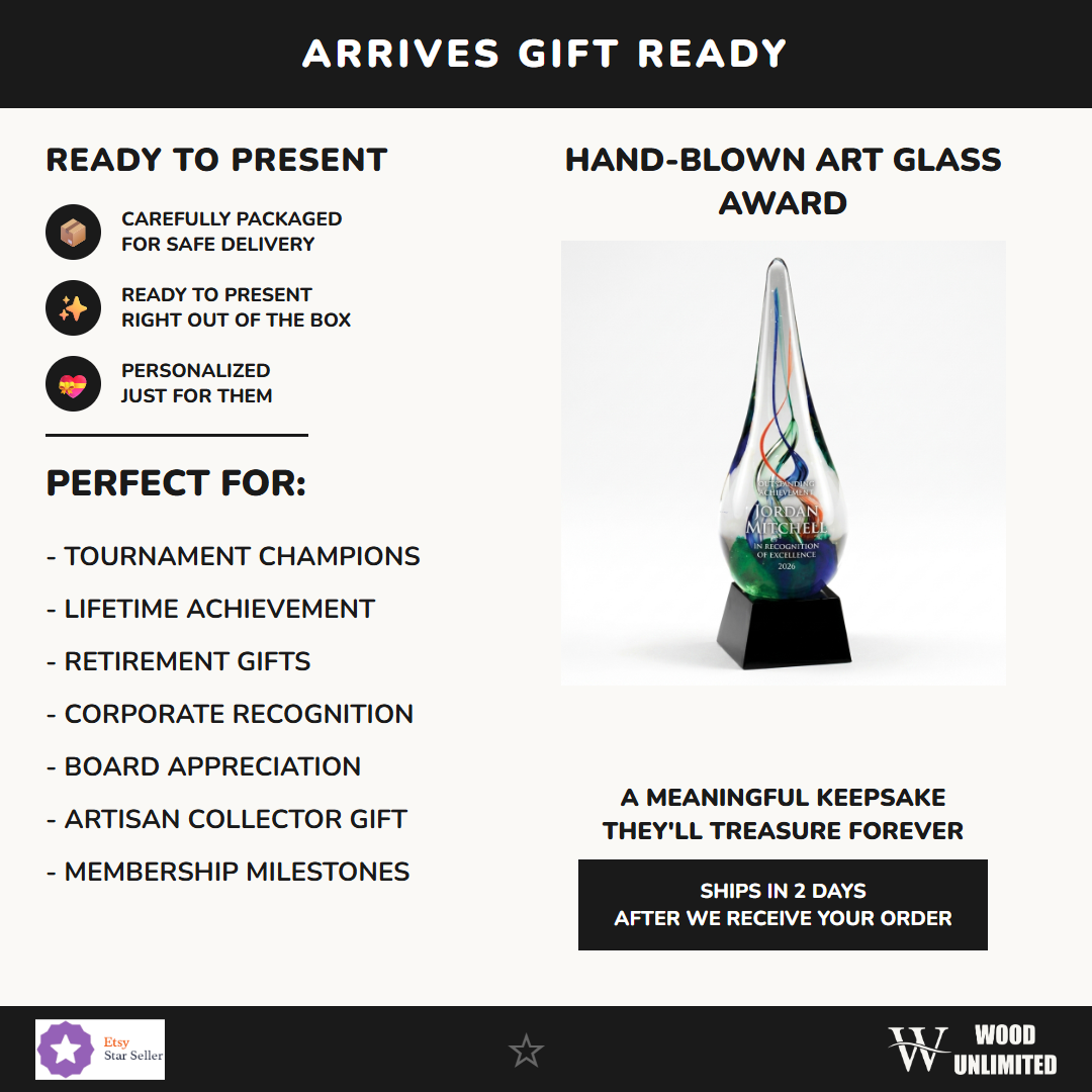 Gift-ready personalized Art Glass art glass award, perfect for ceremonies, retirements, and corporate recognition