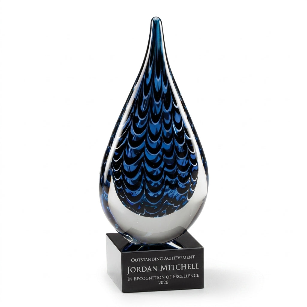 Personalized Art Glass art glass award, custom laser engraved recognition award on a clean white studio background