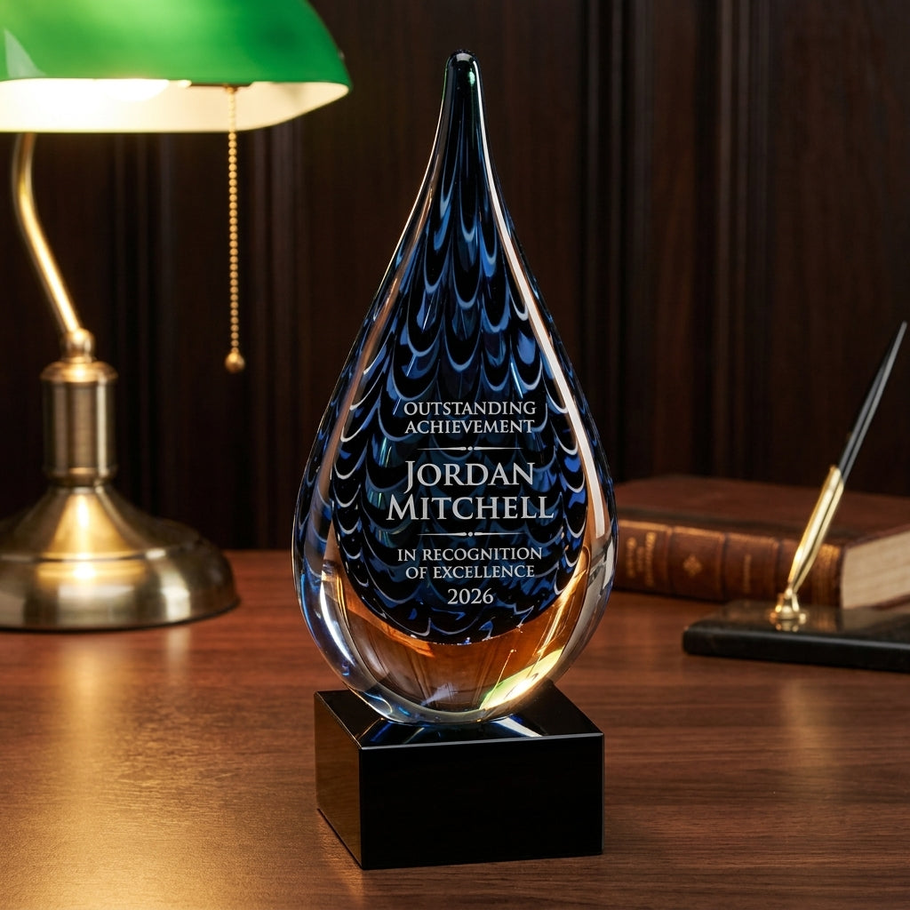 Personalized Art Glass art glass award on a warm executive desk with a green banker's lamp, engraved corporate recognition and retirement gift