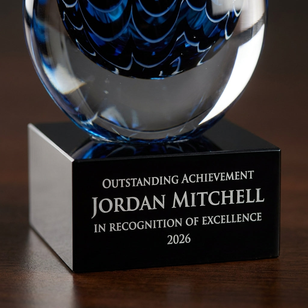 Close-up of the custom laser engraving on a personalized Art Glass art glass award, showing crisp permanent personalization