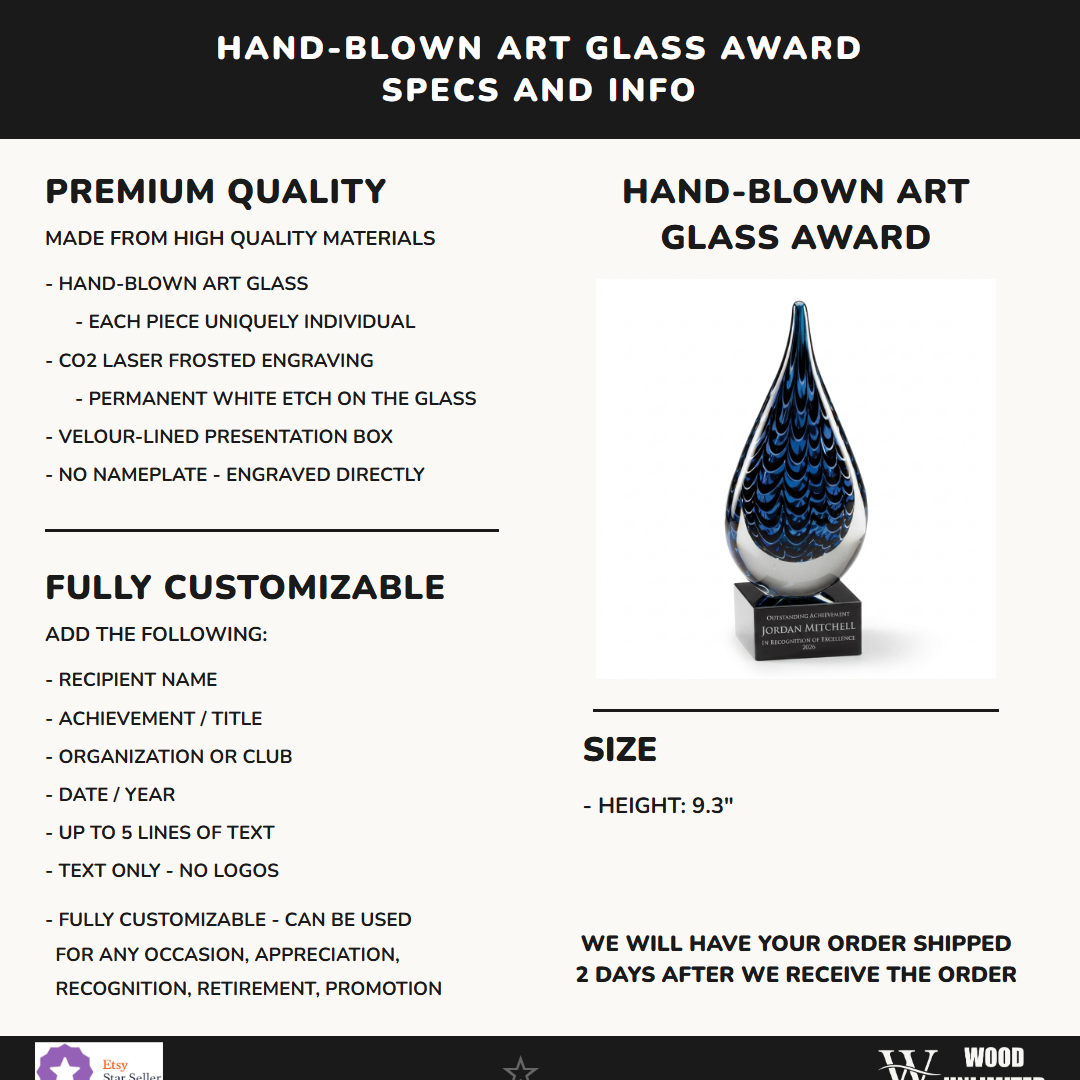 Specifications for the personalized Art Glass art glass award — materials, engraving, and features