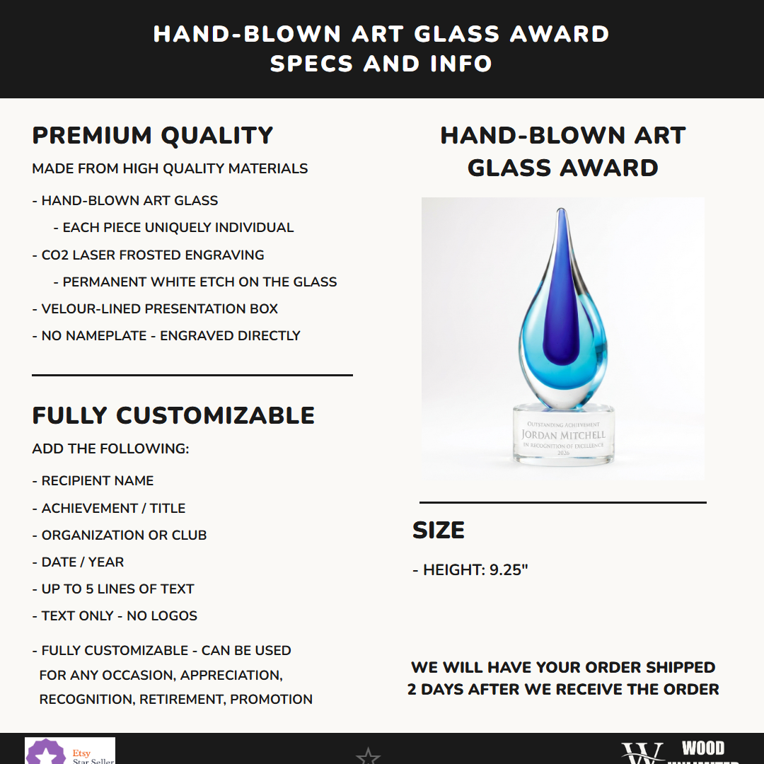 Specifications for the personalized Blue art glass award — materials, engraving, and features