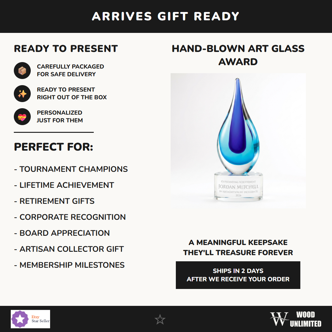 Gift-ready personalized Blue art glass award, perfect for ceremonies, retirements, and corporate recognition