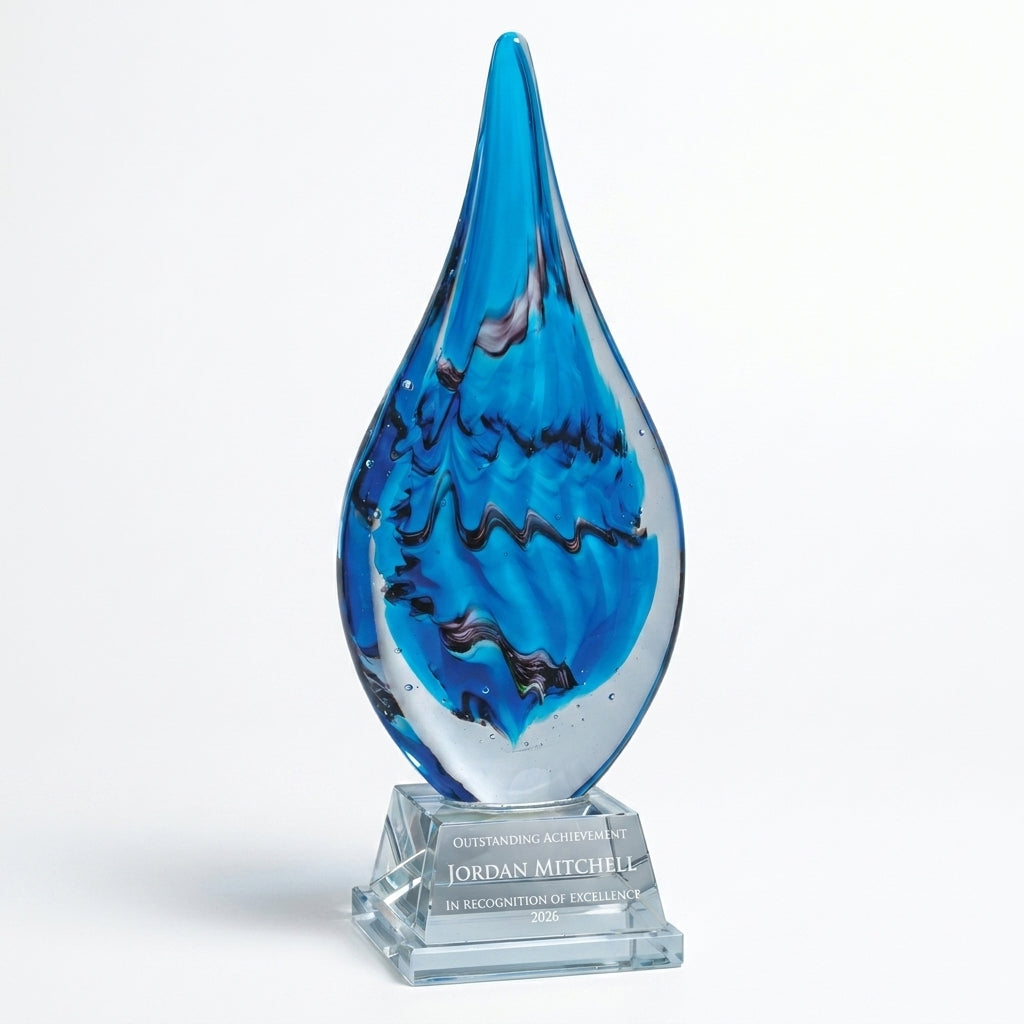 Personalized Flame Blue art glass award, custom laser engraved recognition award on a clean white studio background