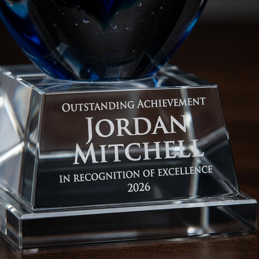 Close-up of the custom laser engraving on a personalized Flame Blue art glass award, showing crisp permanent personalization