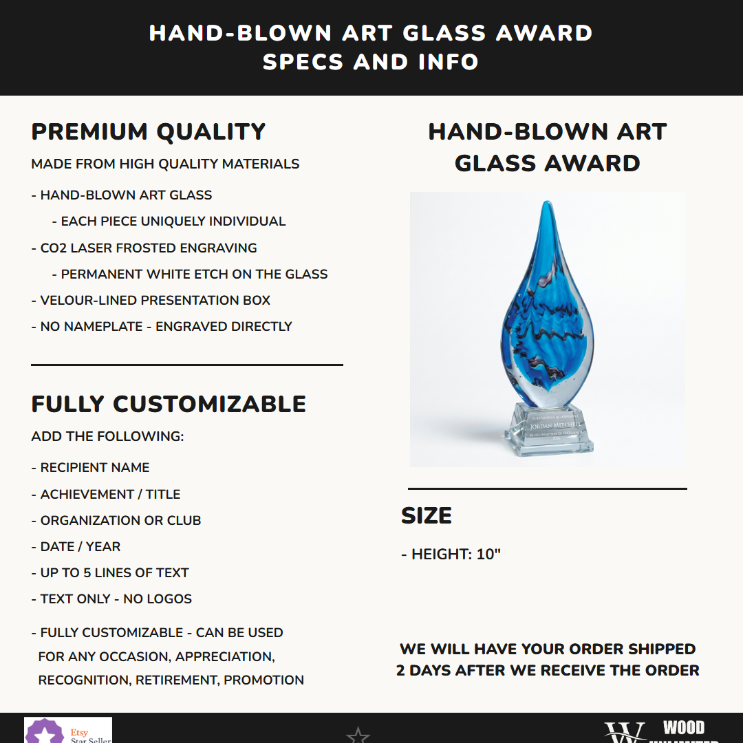 Specifications for the personalized Flame Blue art glass award — materials, engraving, and features