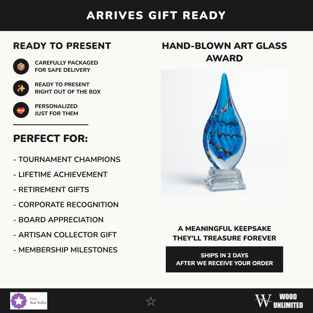 Gift-ready personalized Flame Blue art glass award, perfect for ceremonies, retirements, and corporate recognition