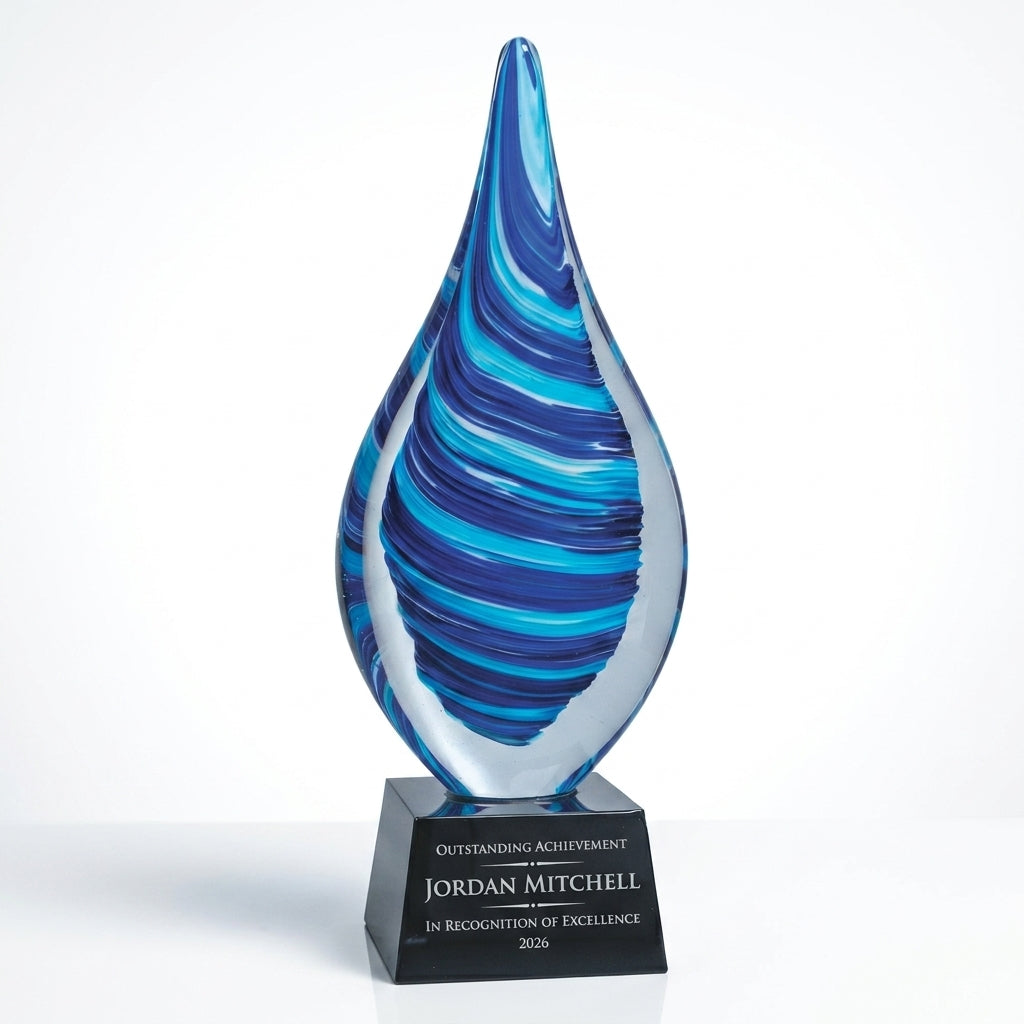 Personalized Flame Blue art glass award, custom laser engraved recognition award on a clean white studio background