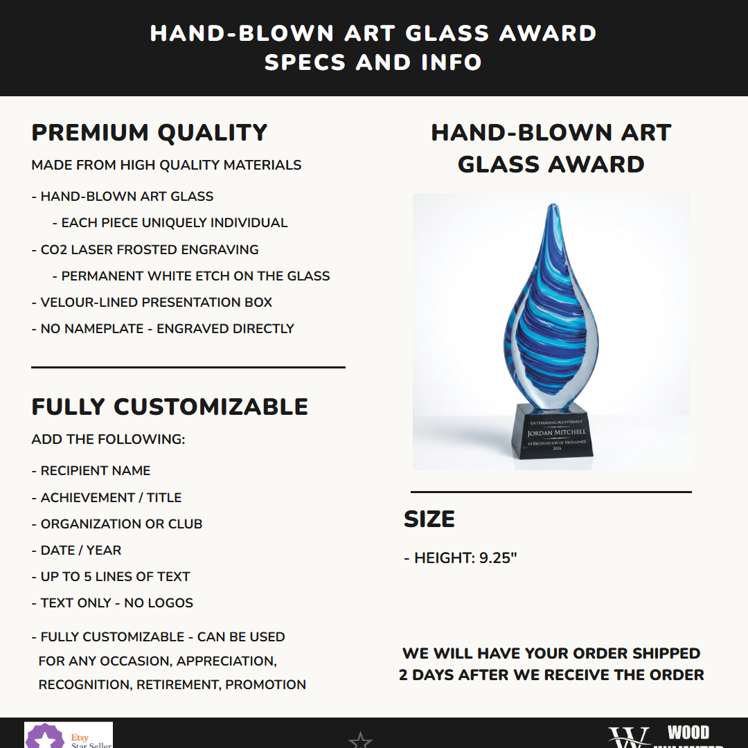 Specifications for the personalized Flame Blue art glass award — materials, engraving, and features