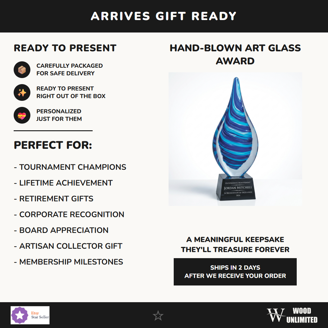 Gift-ready personalized Flame Blue art glass award, perfect for ceremonies, retirements, and corporate recognition