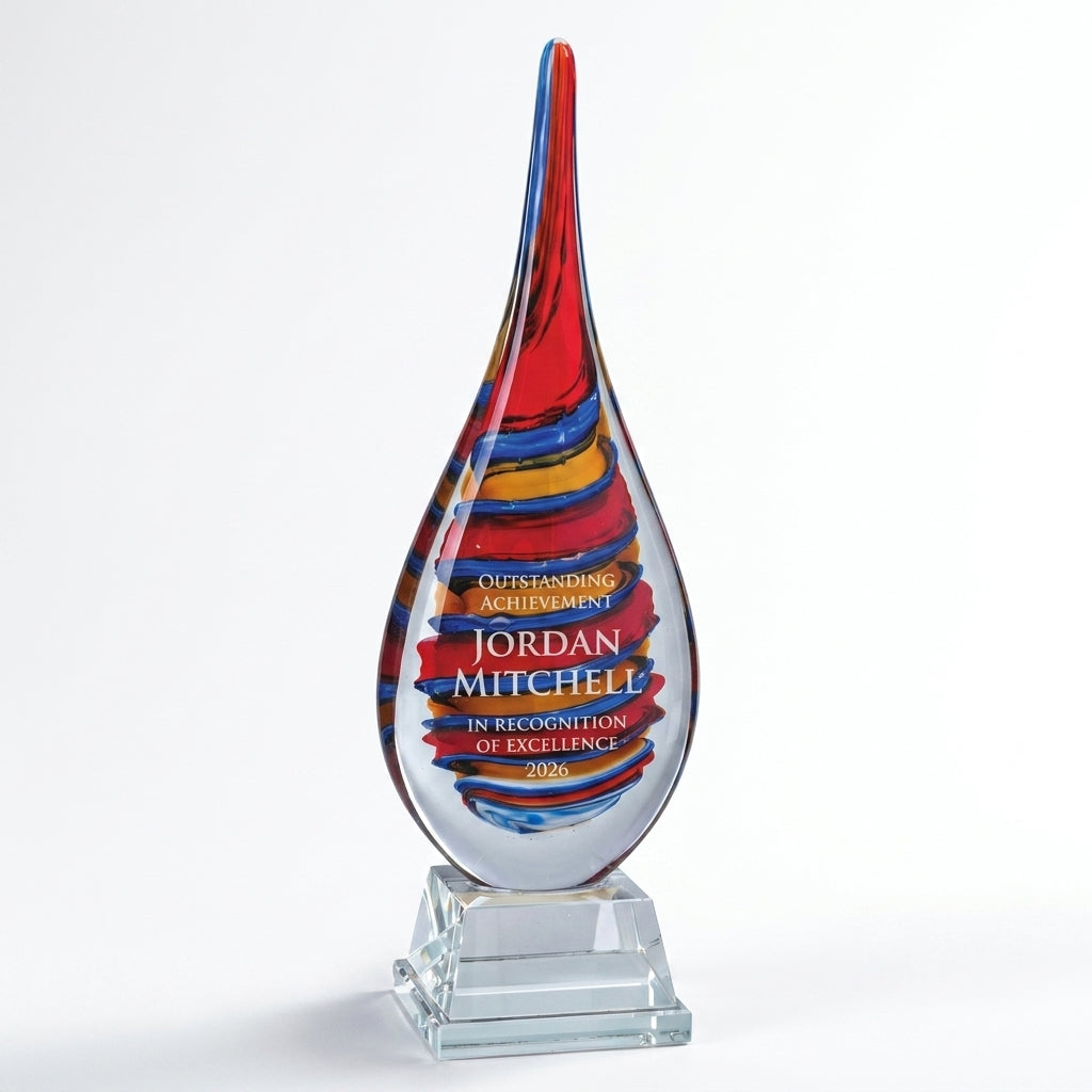 Personalized Flame Swirl art glass award, custom laser engraved recognition award on a clean white studio background