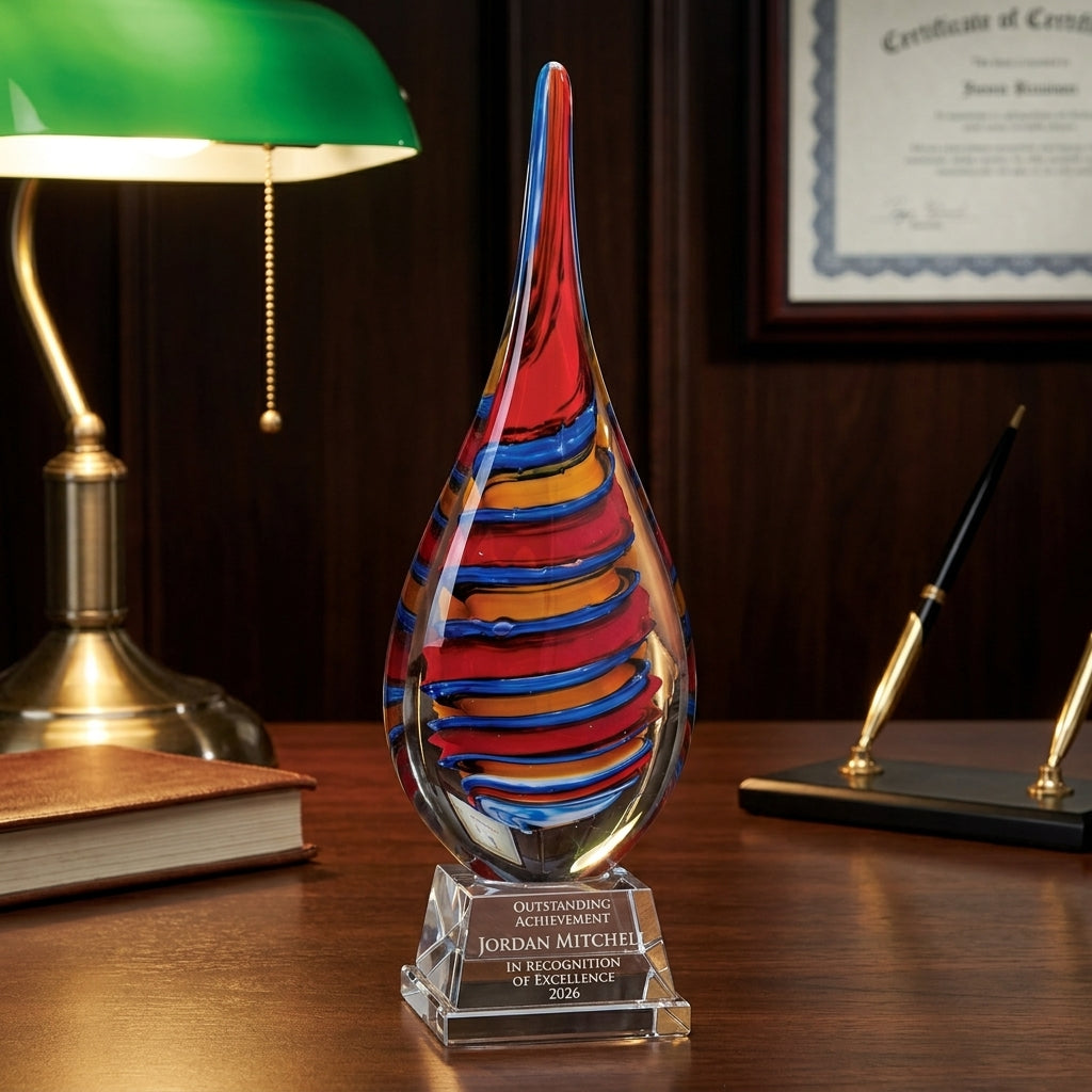 Personalized Flame Swirl art glass award on a warm executive desk with a green banker's lamp, engraved corporate recognition and retirement gift